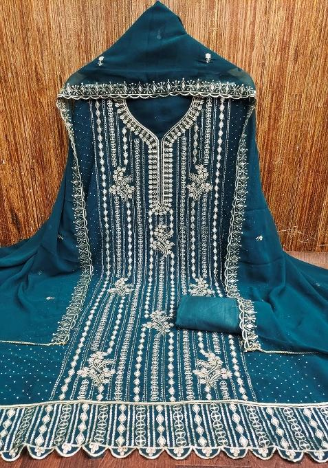 Teal Blue Embroidered Georgette Pakistani Suit Set