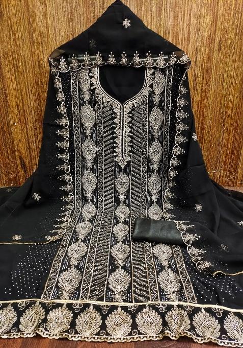 Black Embroidered Georgette Dress Material