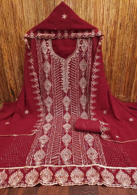 Maroon Embroidered Georgette Pakistani Suit Set
