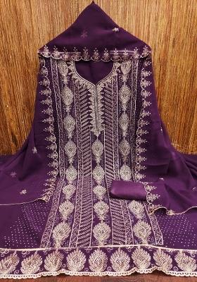 Purple Embroidered Georgette Dress Material