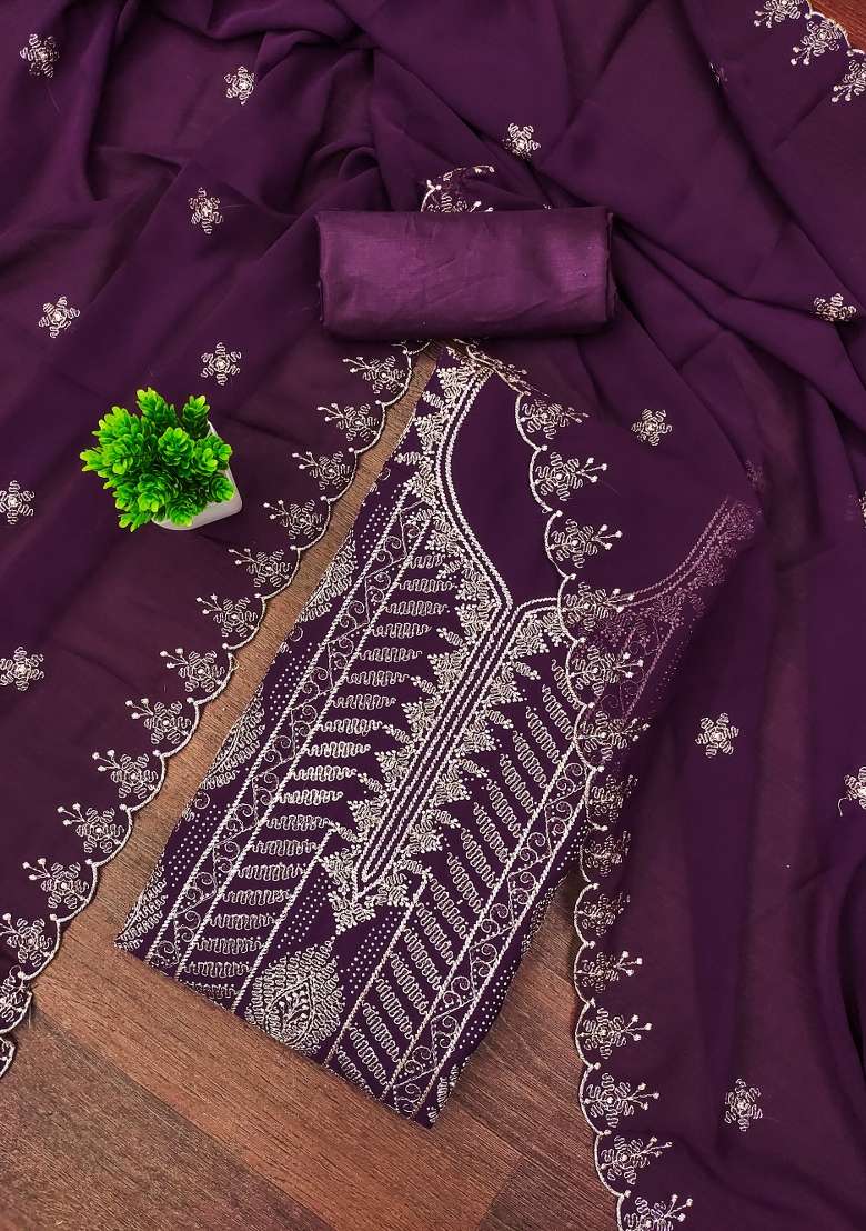 Purple Embroidered Georgette Pakistani Suit Set - Indya