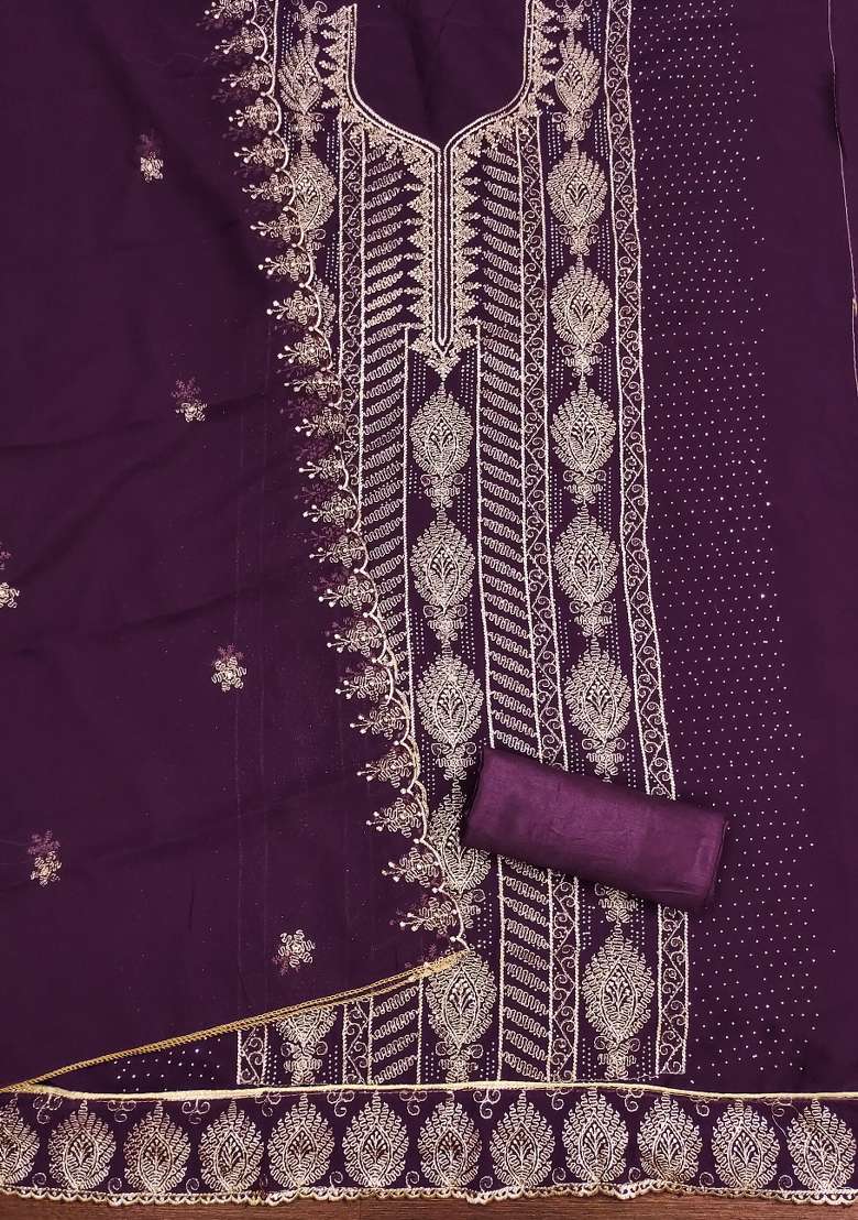 Purple Embroidered Georgette Pakistani Suit Set - Indya