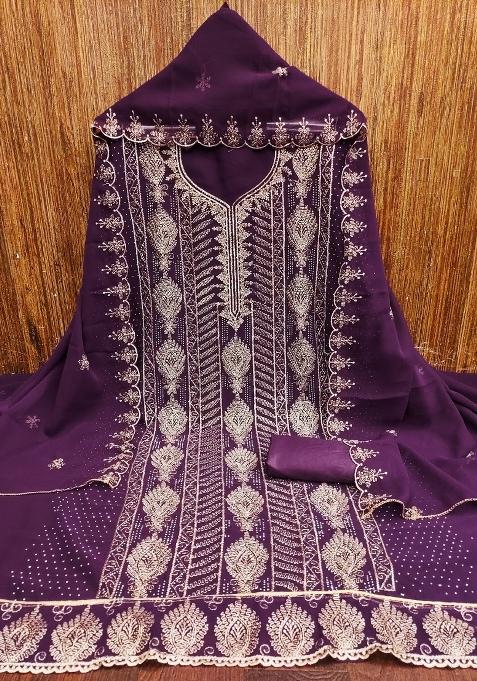 Purple Embroidered Georgette Pakistani Suit Set