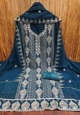 Teal Blue Embroidered Georgette Dress Material