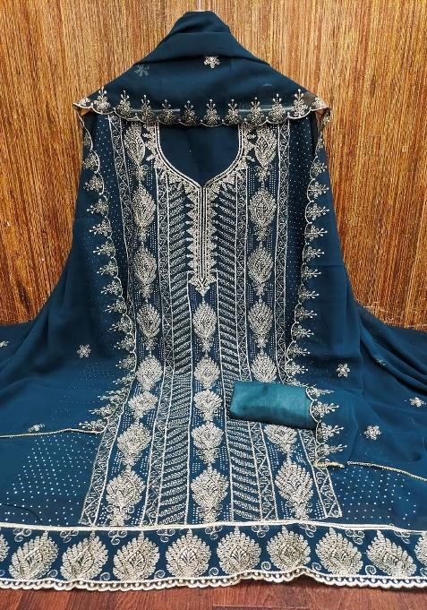 Teal Blue Embroidered Georgette Dress Material
