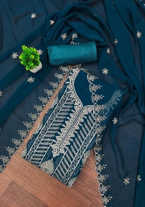 Teal Blue Embroidered Georgette Dress Material