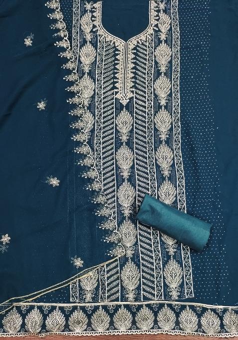 Teal Blue Embroidered Georgette Dress Material