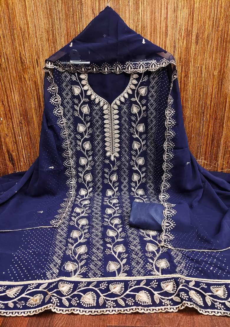 Blue Embroidered Georgette Pakistani Suit Set - Indya