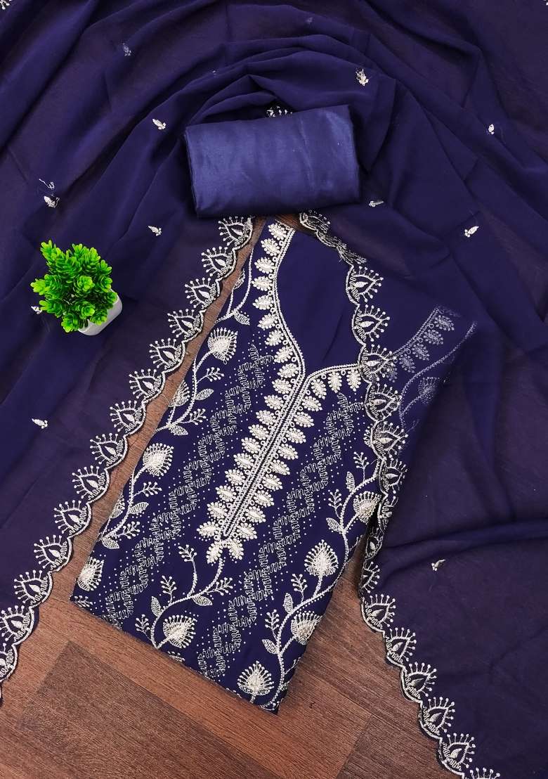 Blue Embroidered Georgette Pakistani Suit Set - Indya