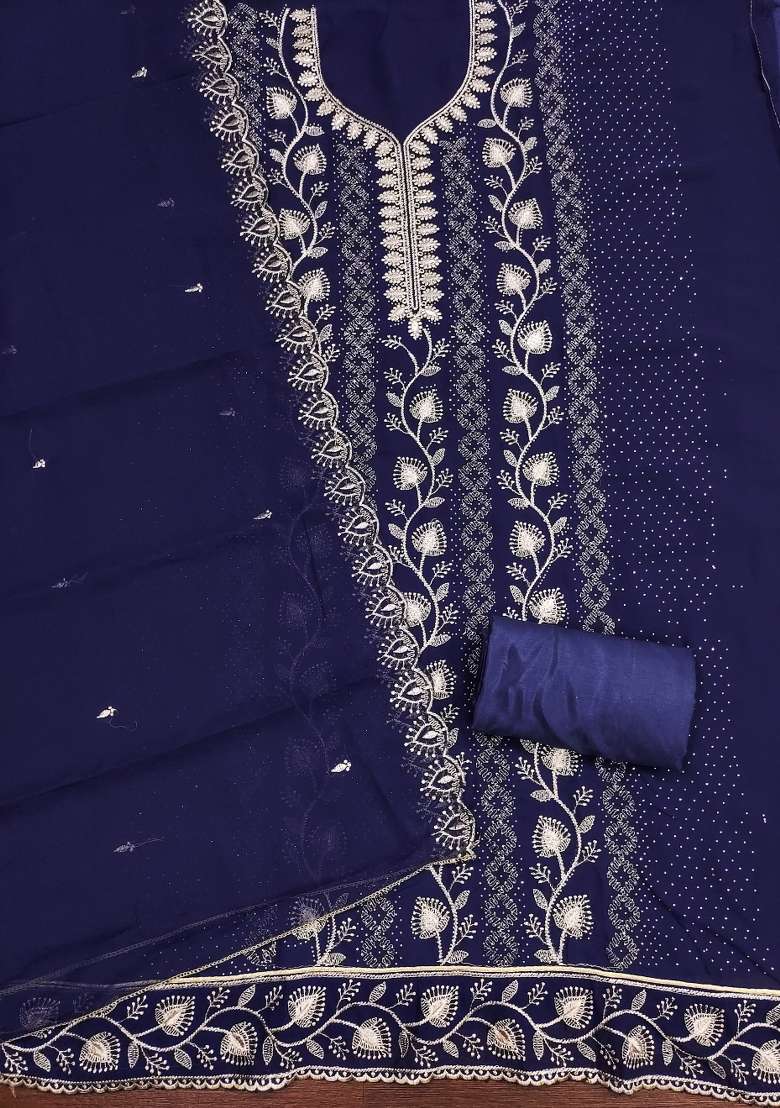 Blue Embroidered Georgette Pakistani Suit Set - Indya