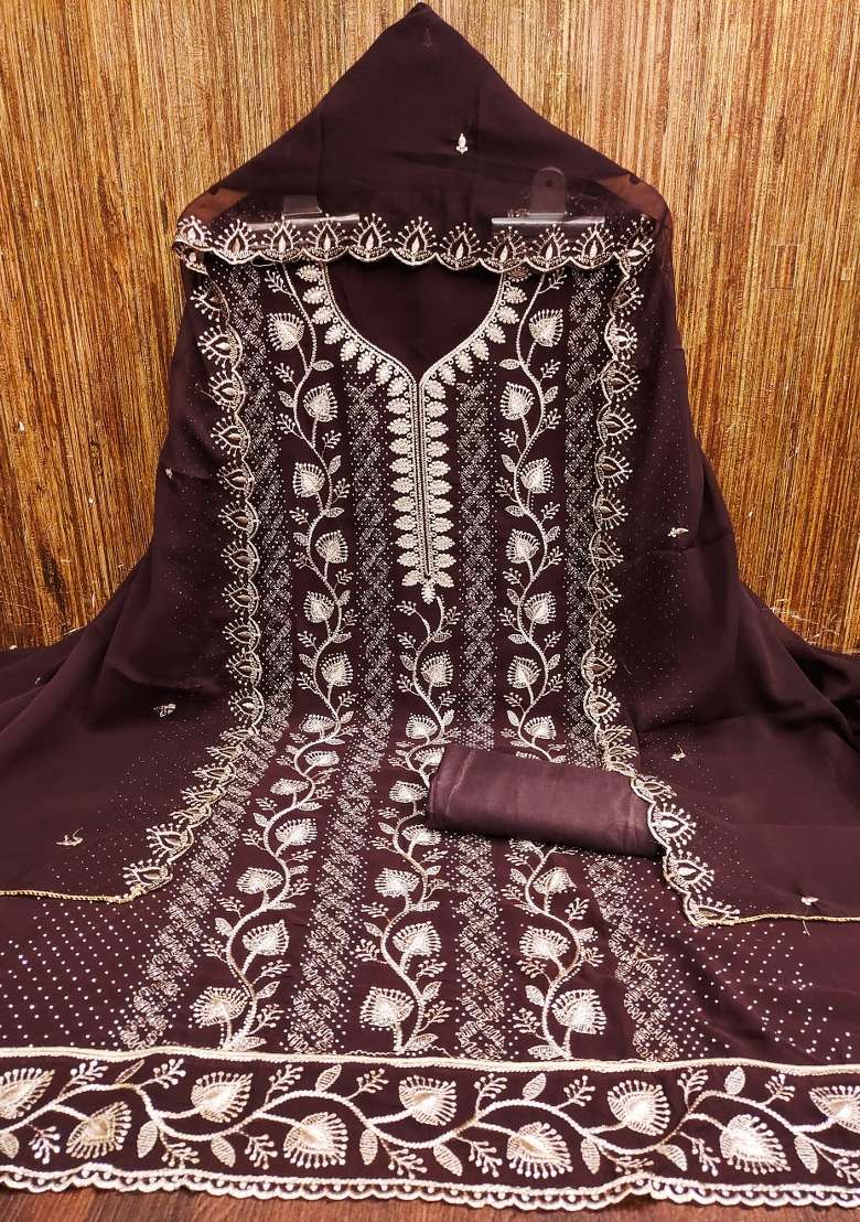 Brown Embroidered Georgette Pakistani Suit Set - Indya