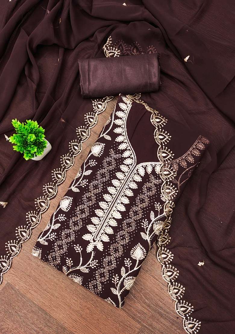 Brown Embroidered Georgette Pakistani Suit Set - Indya