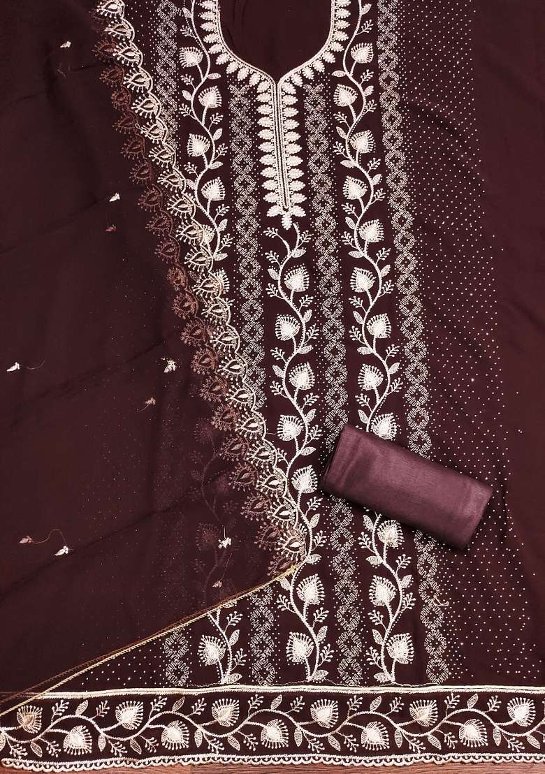 Brown Embroidered Georgette Pakistani Suit Set - Indya