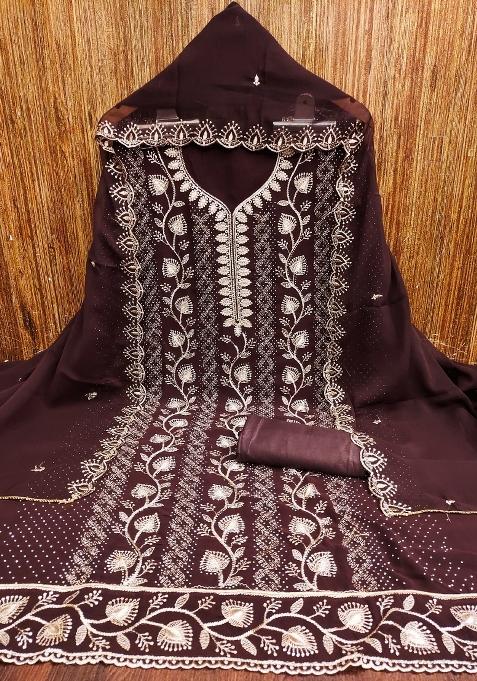 Brown Embroidered Georgette Dress Material