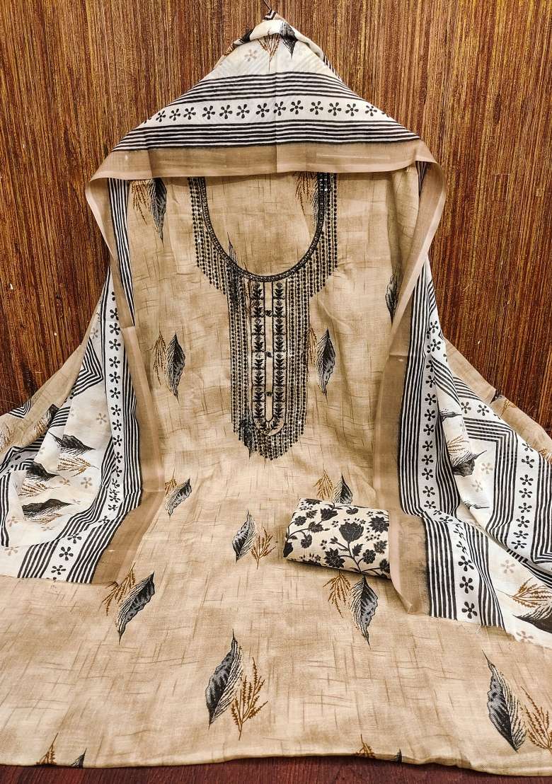 Beige Printed Blended Straight Kurta Set - Indya