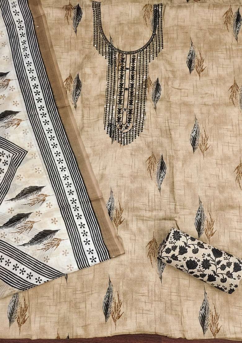 Beige Printed Blended Straight Kurta Set - Indya