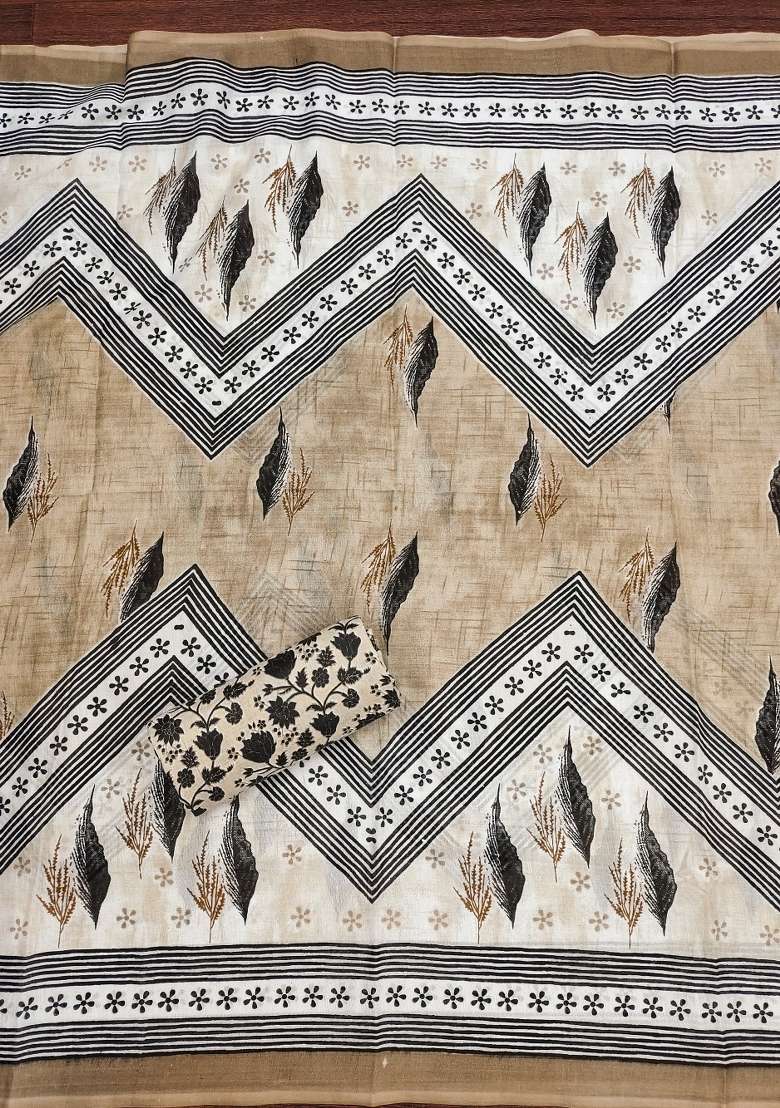 Beige Printed Blended Straight Kurta Set - Indya