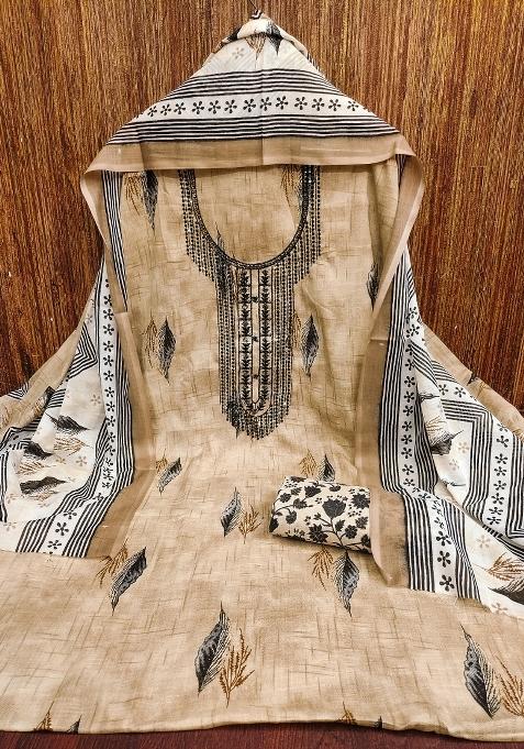 Beige Embroidered Cotton Blend Dress Material