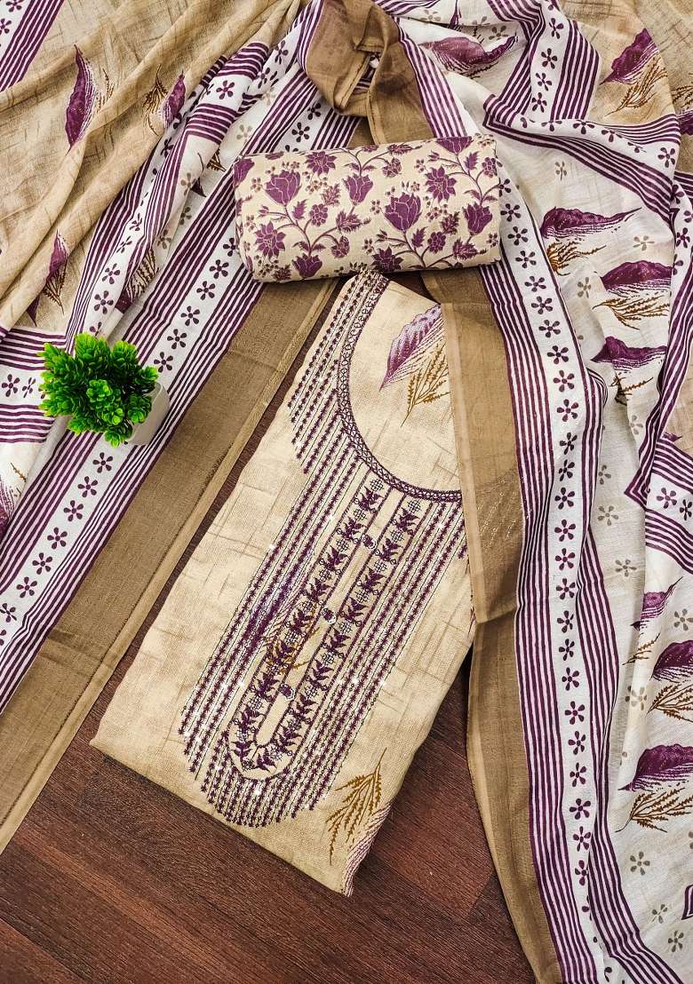 Beige Embroidered Cotton Straight Kurta Set - Indya