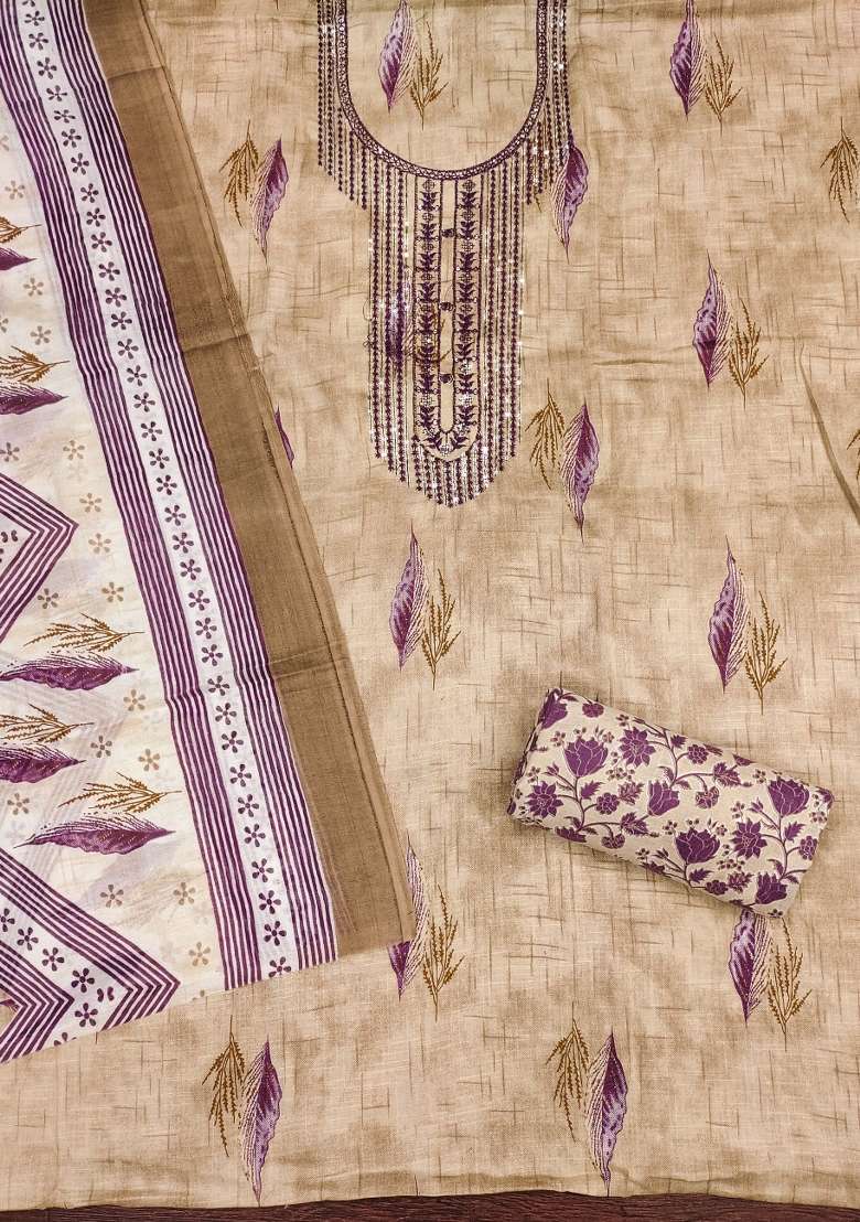 Beige Embroidered Cotton Straight Kurta Set - Indya