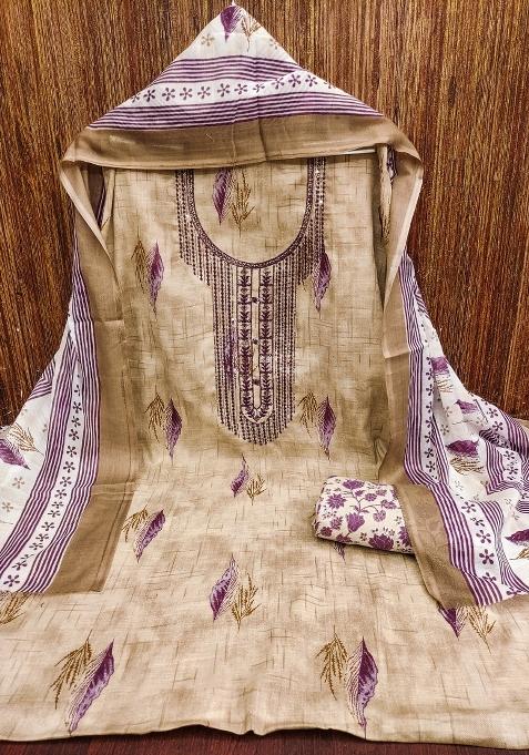 Beige Embroidered Cotton Blend Dress Material