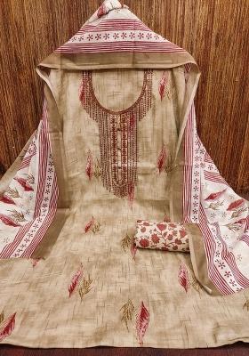 Beige Embroidered Cotton Blend Dress Material