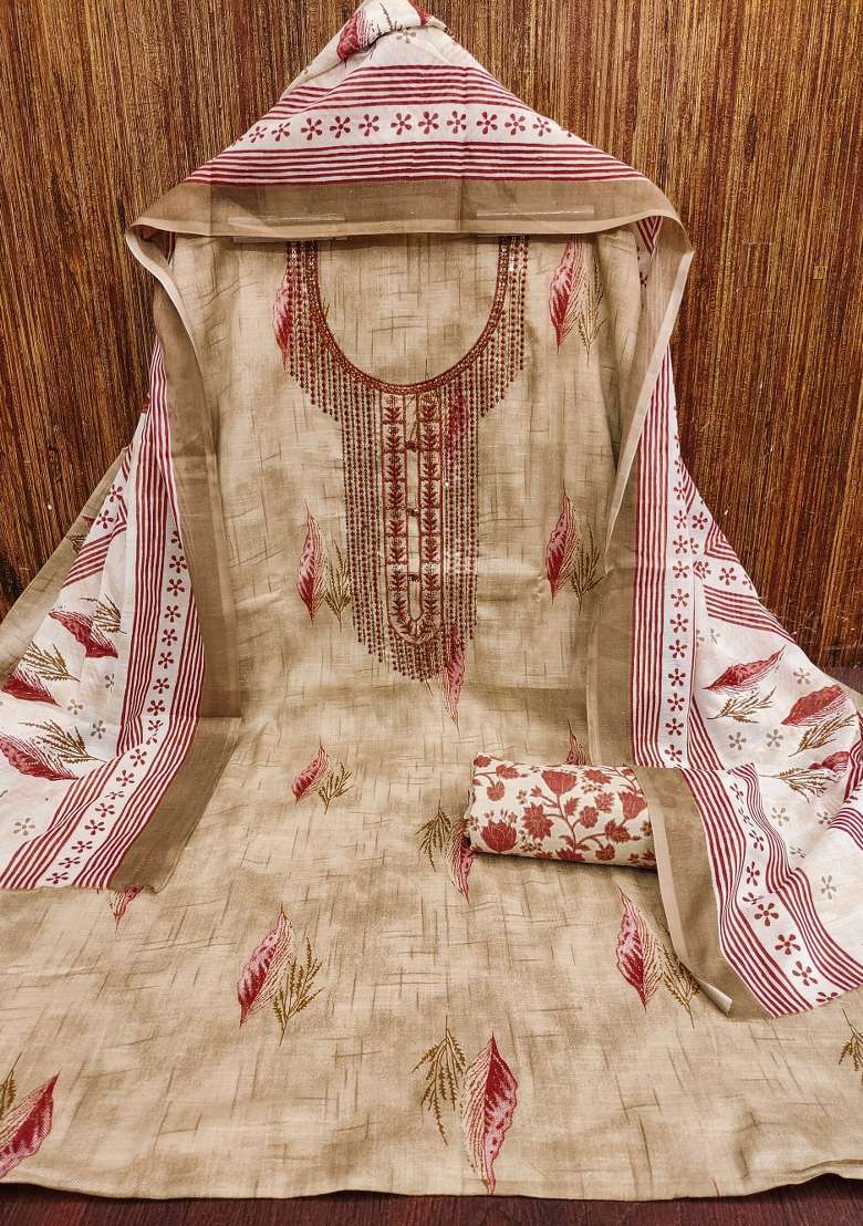Beige Printed Blended Straight Kurta Set - Indya