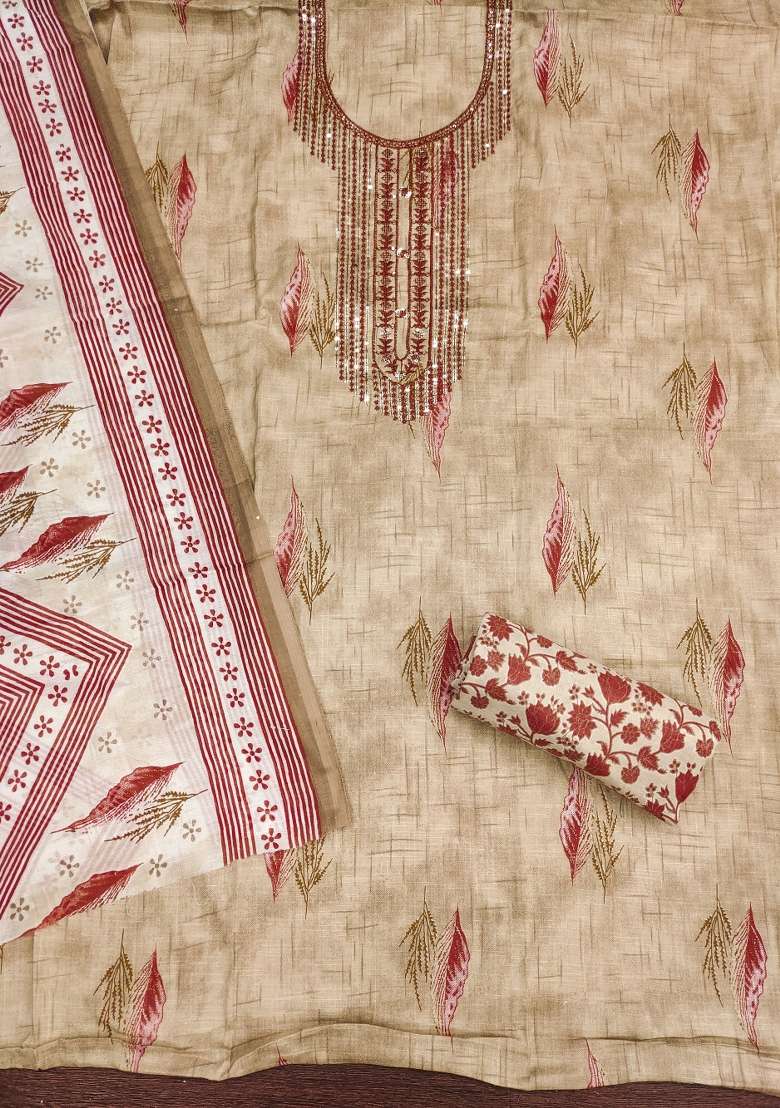Beige Printed Blended Straight Kurta Set - Indya
