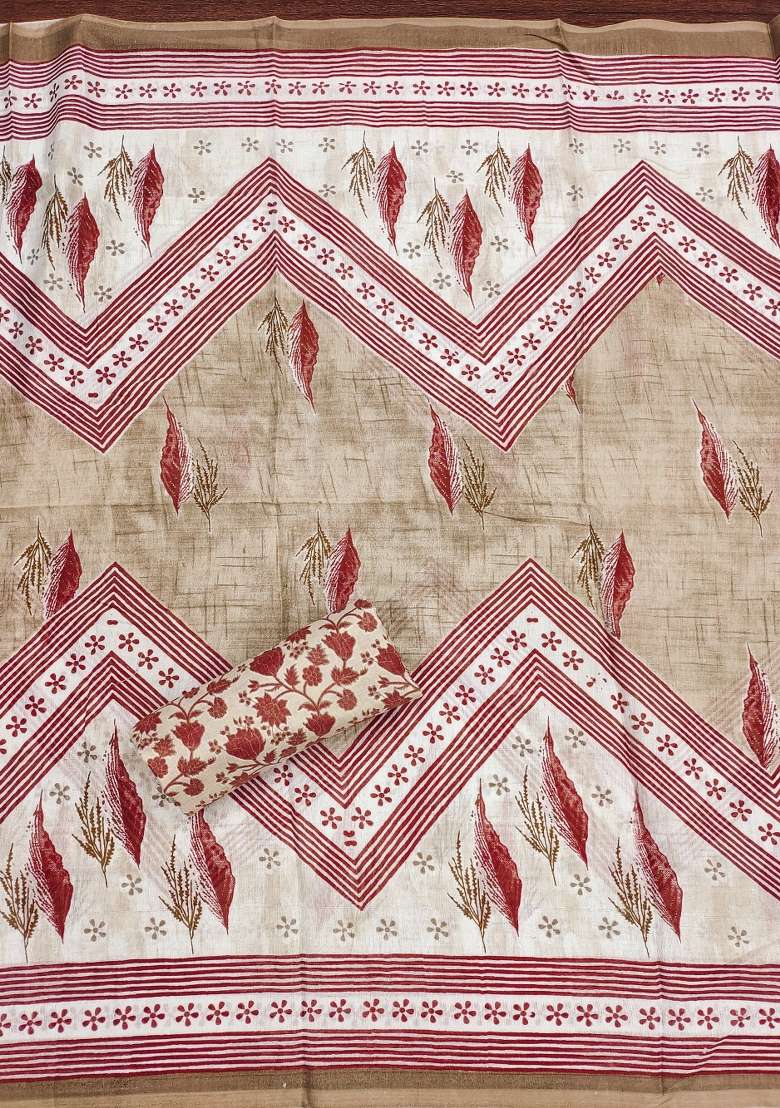 Beige Printed Blended Straight Kurta Set - Indya