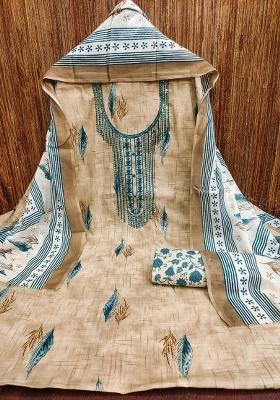 Beige Embroidered Cotton Blend Dress Material