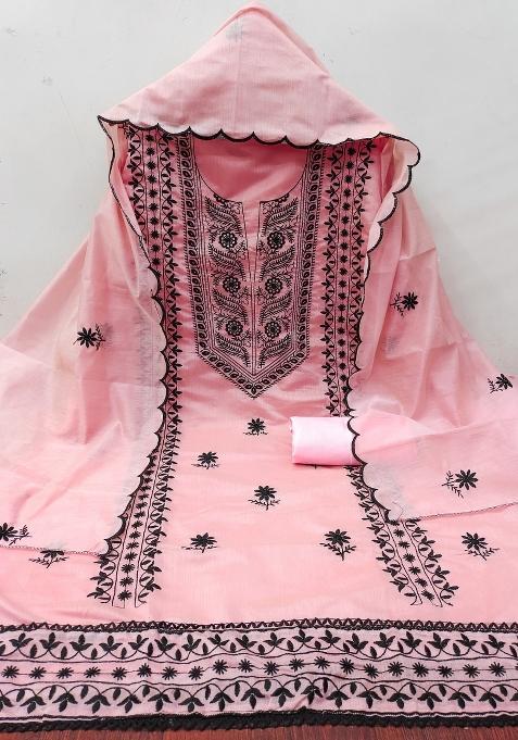 Pink Embroidered Blended Straight Kurta Set