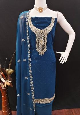 Blue Embroidered Georgette Dress Material