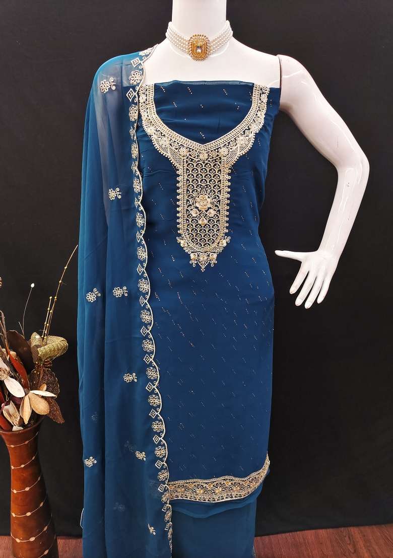 Blue Embroidered Georgette Pakistani Suit Set - Indya