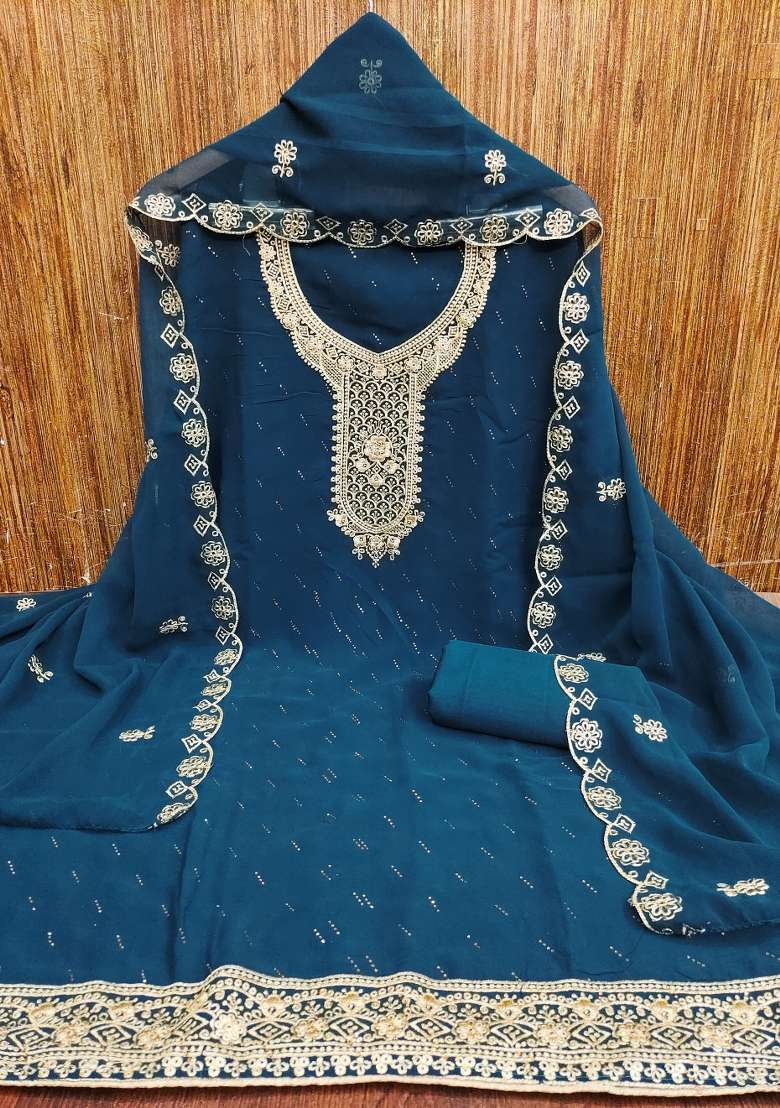 Blue Embroidered Georgette Pakistani Suit Set - Indya