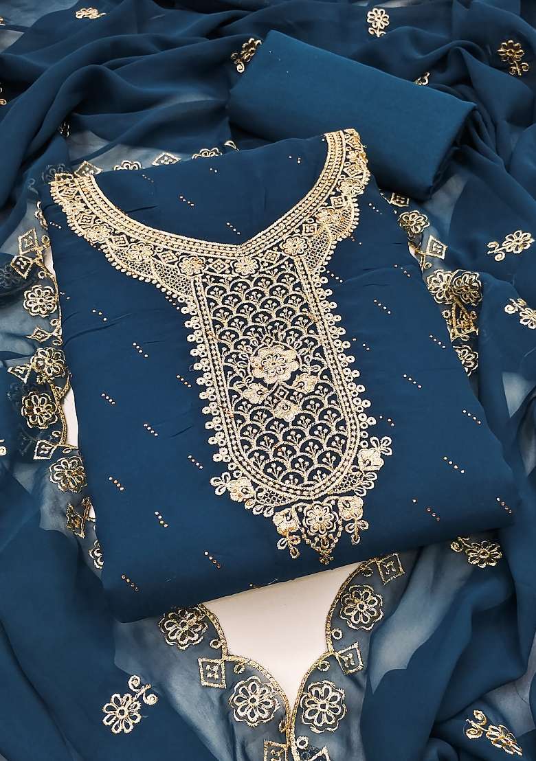 Blue Embroidered Georgette Pakistani Suit Set - Indya