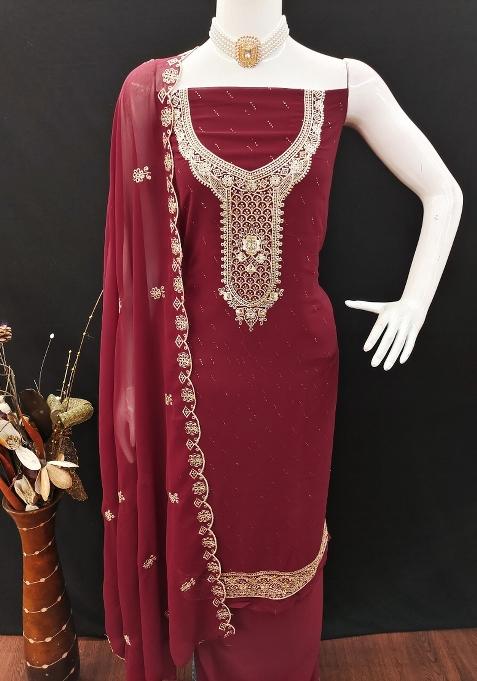 Maroon Embroidered Georgette Dress Material