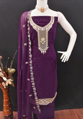 Purple Embroidered Georgette Dress Material