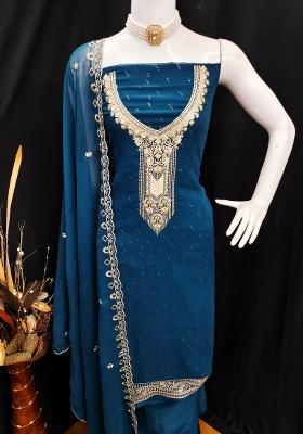 Blue Embroidered Georgette Dress Material