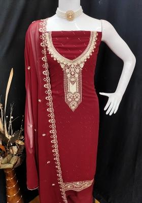 Maroon Embroidered Georgette Dress Material
