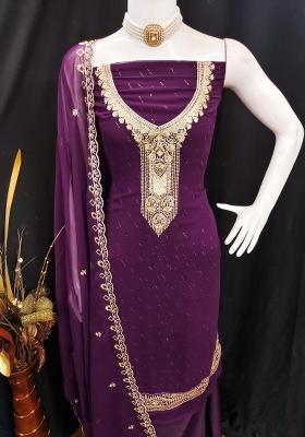 Purple Embroidered Georgette Dress Material