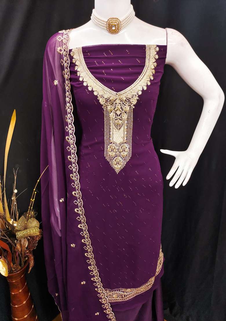 Purple Embroidered Georgette Pakistani Suit Set - Indya