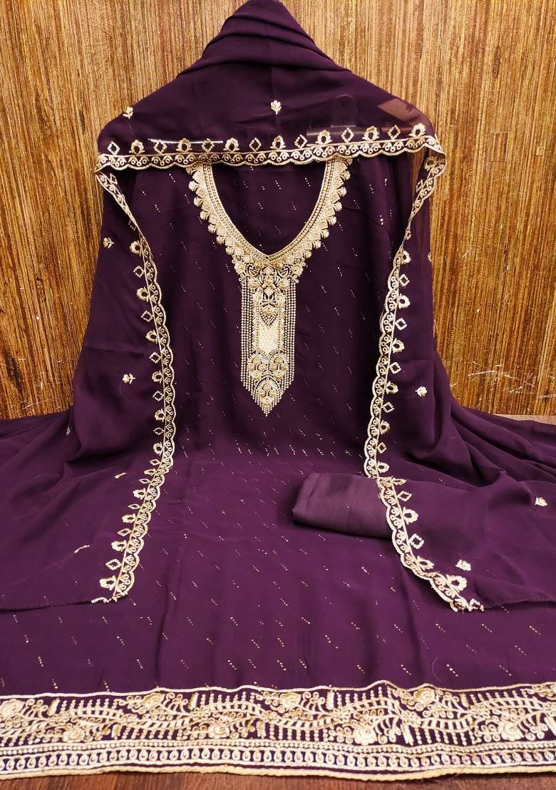 Purple Embroidered Georgette Pakistani Suit Set - Indya