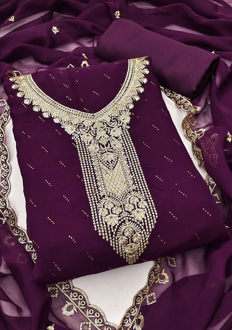 Purple Embroidered Georgette Pakistani Suit Set - Indya