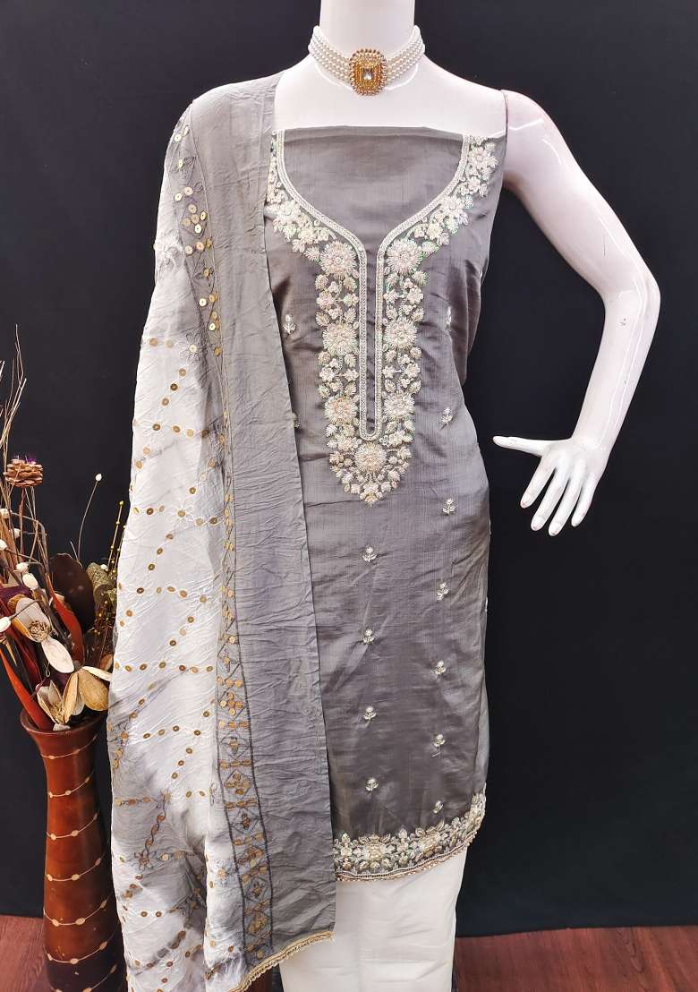 Grey Embroidered Blended Straight Kurta Set - Indya