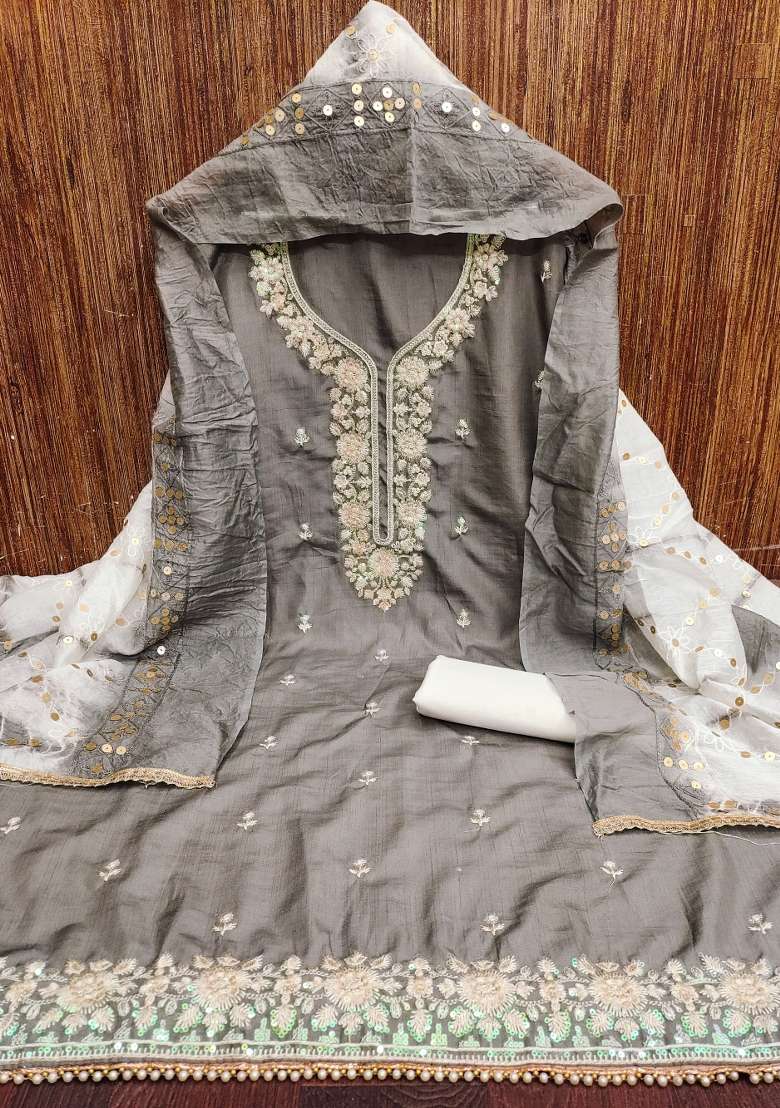 Grey Embroidered Blended Straight Kurta Set - Indya