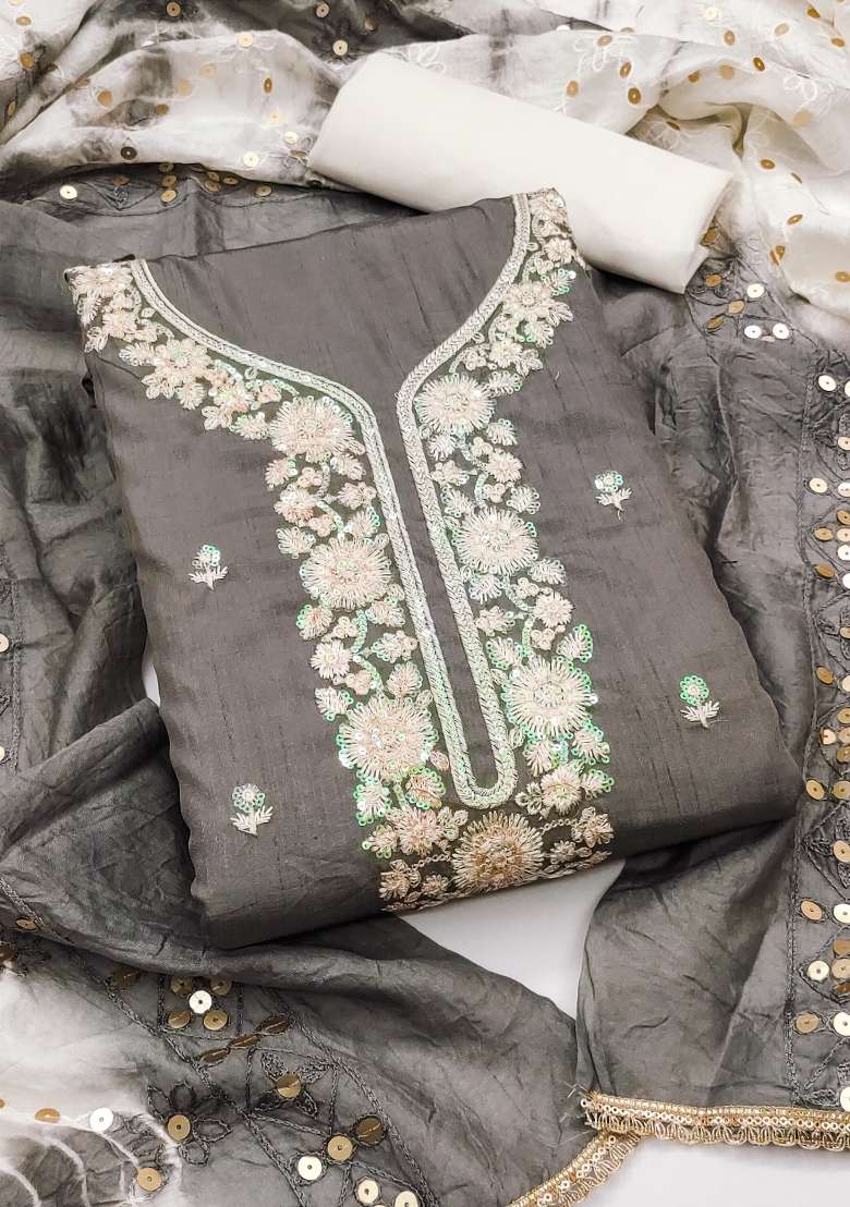 Grey Embroidered Blended Straight Kurta Set - Indya