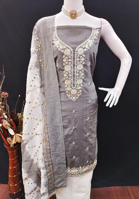Grey Embroidered Cotton Blend Dress Material
