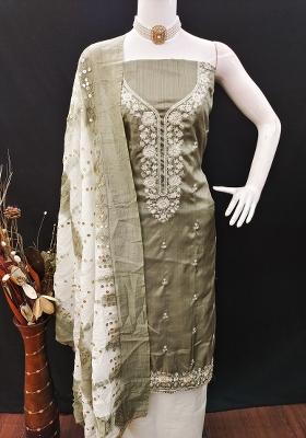 Olive Green Embroidered Cotton Blend Dress Material