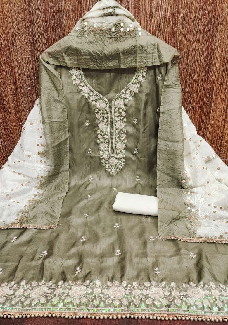 Olive Green Embroidered Cotton Pakistani Suit Set - Indya