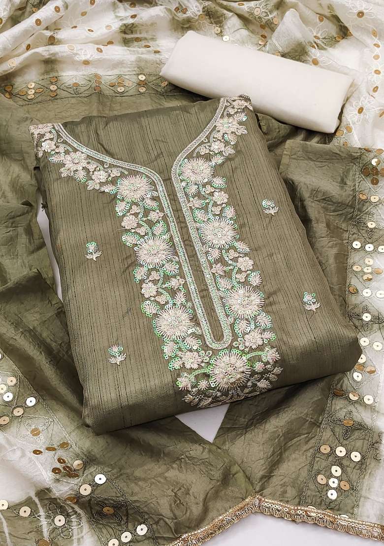 Olive Green Embroidered Cotton Pakistani Suit Set - Indya